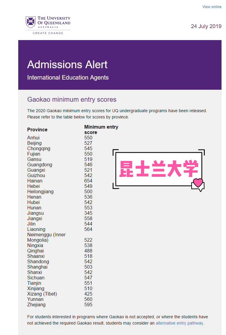 #澳洲大学本科对于中国高考分数要求#<br/>澳洲八大名校(除墨尔本大学不接受中国高考),其他7所大学对于中国高考成绩要求已经全部出炉。其中除了西澳大学对中国高考成绩统一要求70%以外,剩下的6所大学不同的学院不同专业都有具体的细分要求,请参考以下图片,详情私信我~